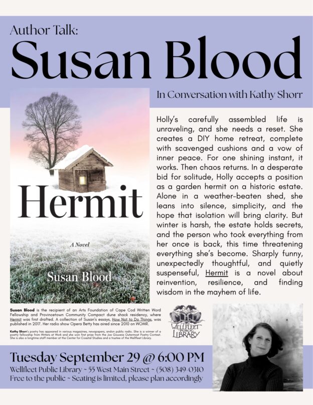 Flyer with reading with Susan Blood and Kathy Shorr. An image of book cover has a picture of a cottage in winter